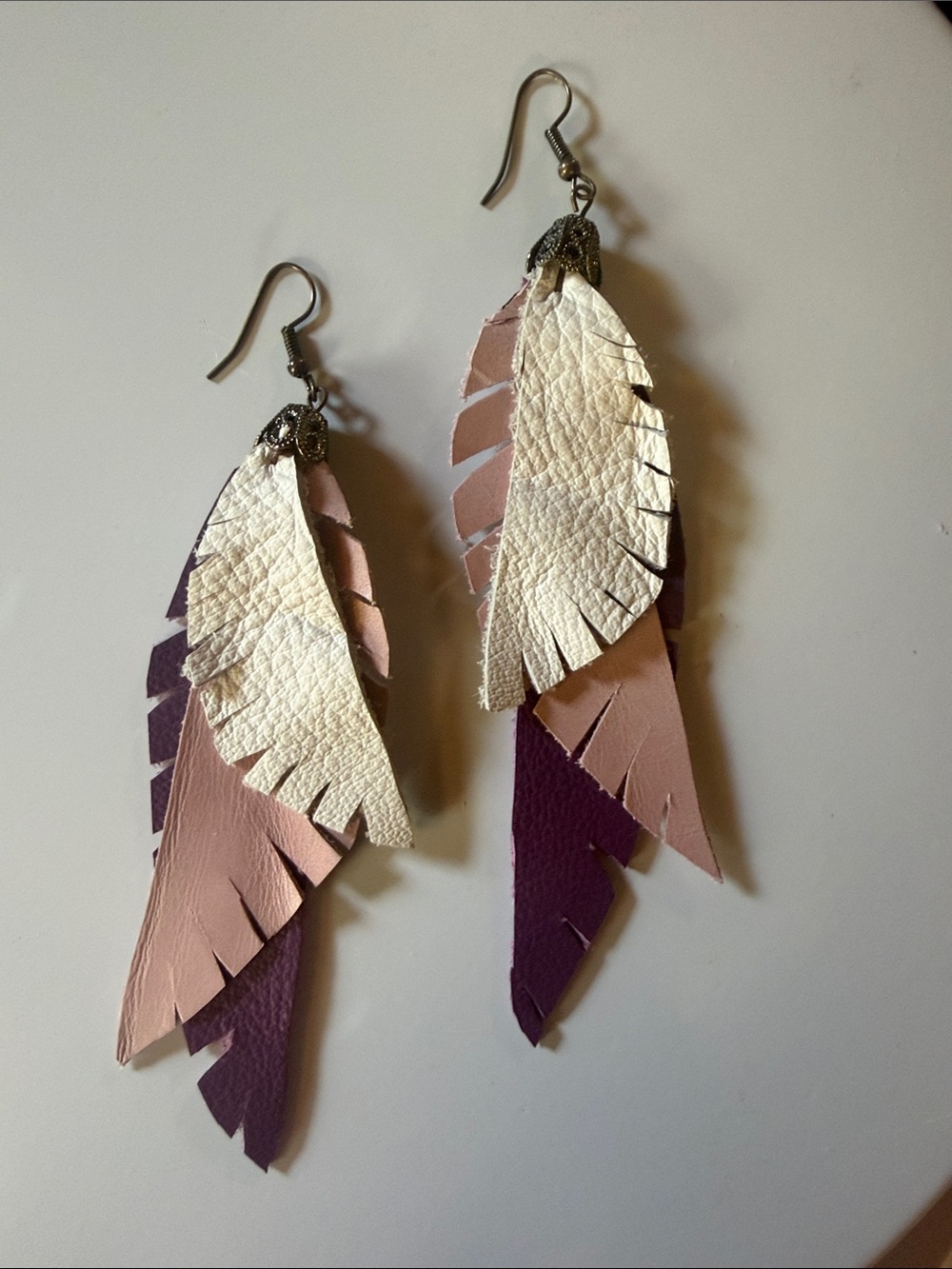 Handmade Layered Pink, Cream & Purple Leather Feather Earrings